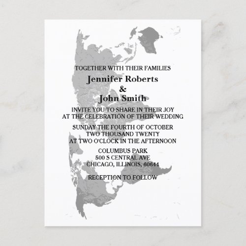 World Map Gray White Simple Modern Minimal Wedding Invitation Postcard