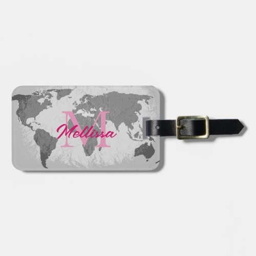 World Map Grey Pink Monograms Traveler Name Gift Luggage Tag