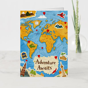 World Map Heart Pins Adventure Awaits Foil Greeting Card