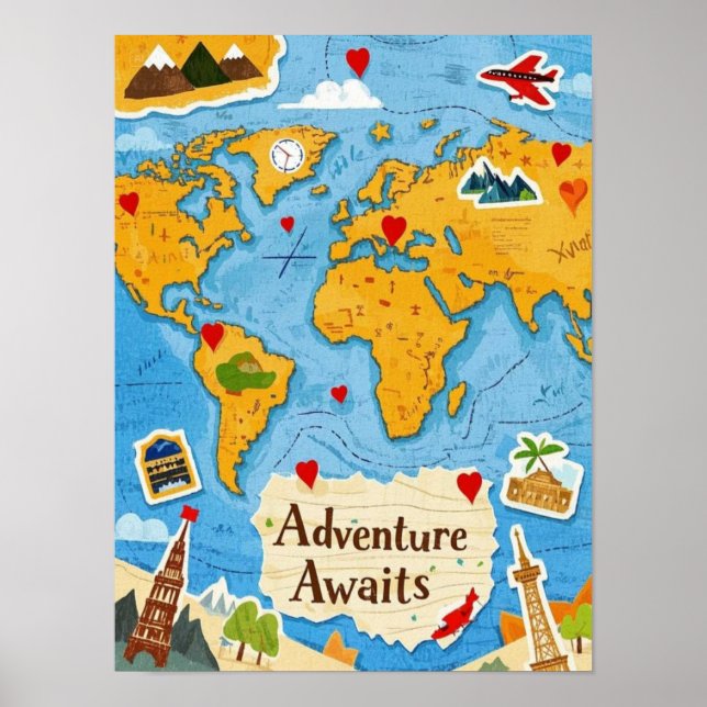 World Map Heart Pins Adventure Awaits  Poster (Front)