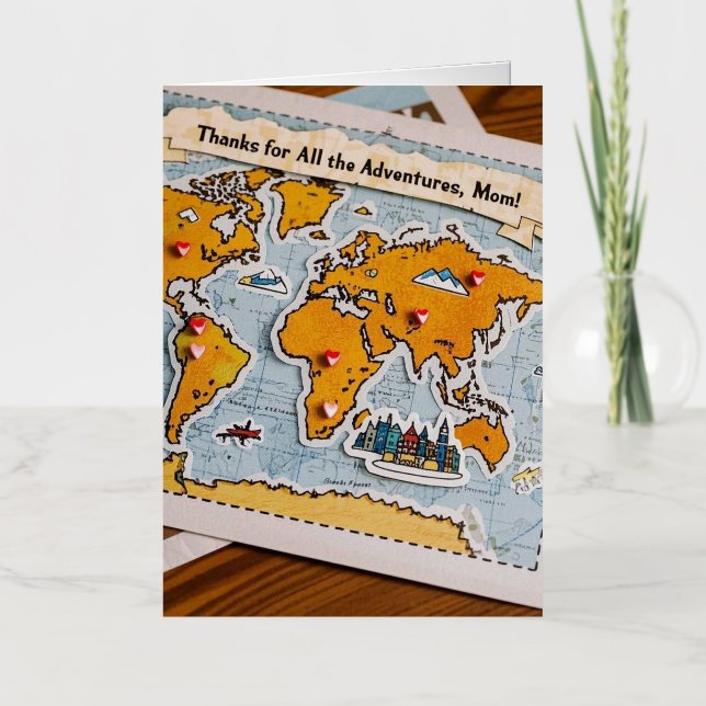World map heart pins and landmarks foil greeting card (Front)
