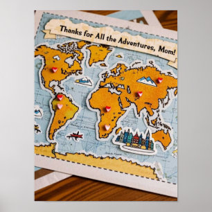 World map heart pins and landmarks poster