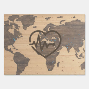 World Map Heartbeat woodgrain Sign