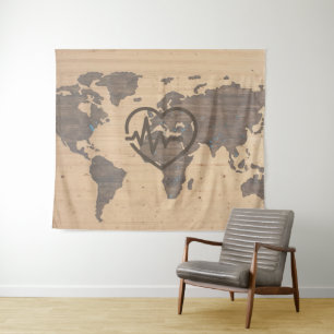 World Map Heartbeat woodgrain Tapestry