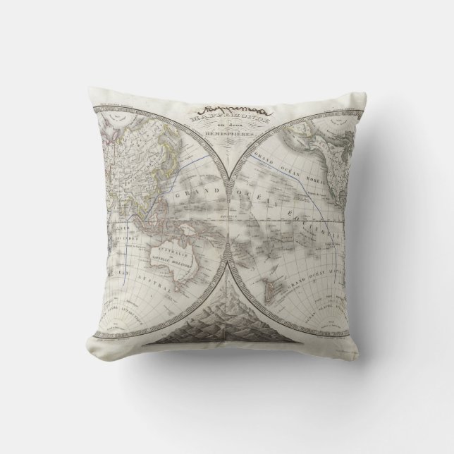 World Map in 2 Hemispheres Throw Pillow (Front)