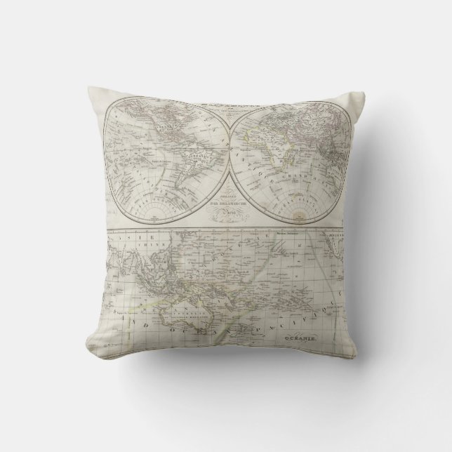 World Map in Two Hemispheres Throw Pillow (Front)