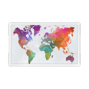 World Map In Watercolor Acrylic Tray