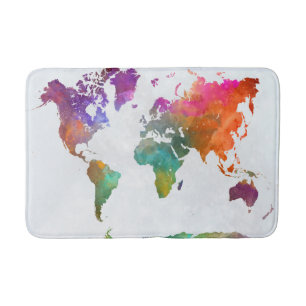 World Map In Watercolor Bathroom Mat