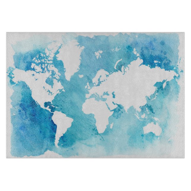 World Map In Watercolor Blues Cutting Board (Front)