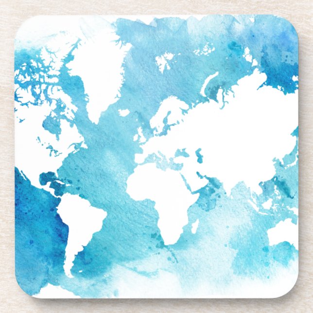 World Map In Watercolor Blues Drink Coaster (Front)