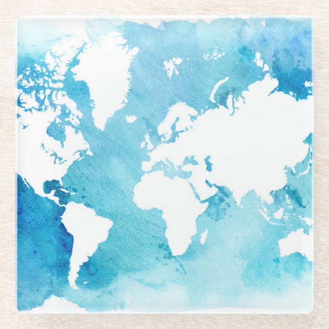 World Map In Watercolor Blues Glass Coaster (Front)