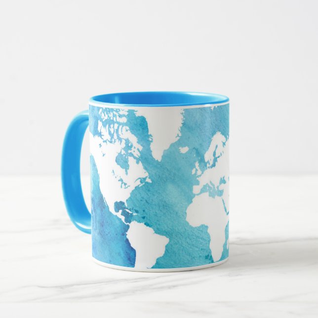 World Map In Watercolor Blues Mug (Front Left)