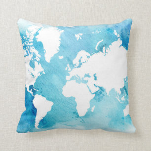 World Map In Watercolor Blues Throw Pillow