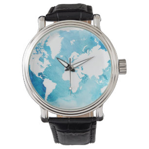 World Map In Watercolor Blues Watch
