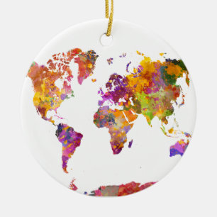 World map in watercolor ceramic ornament