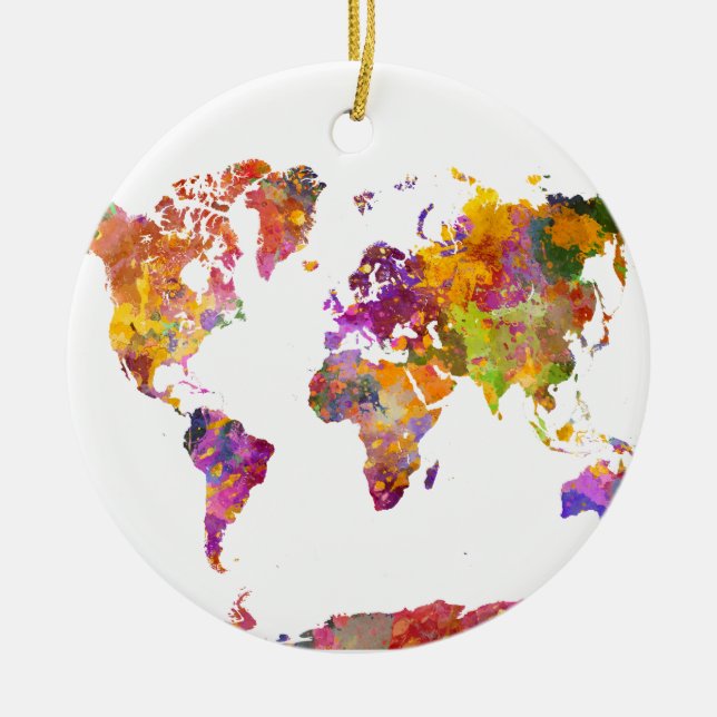 World map in watercolor ceramic ornament (Front)