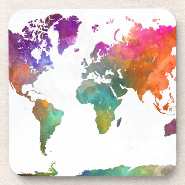World Map In Watercolor Drink Coaster (Front)