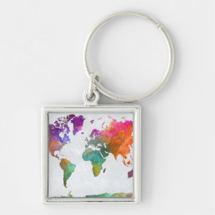 World Map In Watercolor Keychain