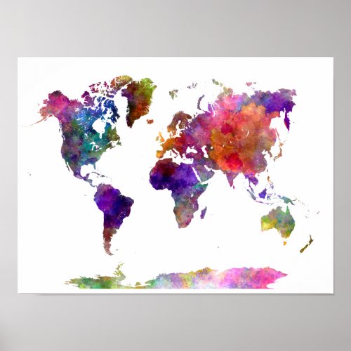 World map in watercolor purple and blue poster