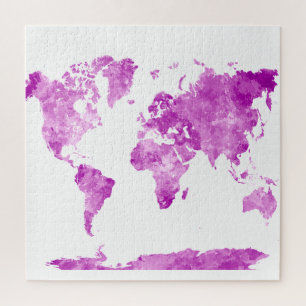 World map in watercolor Purple Jigsaw Puzzle