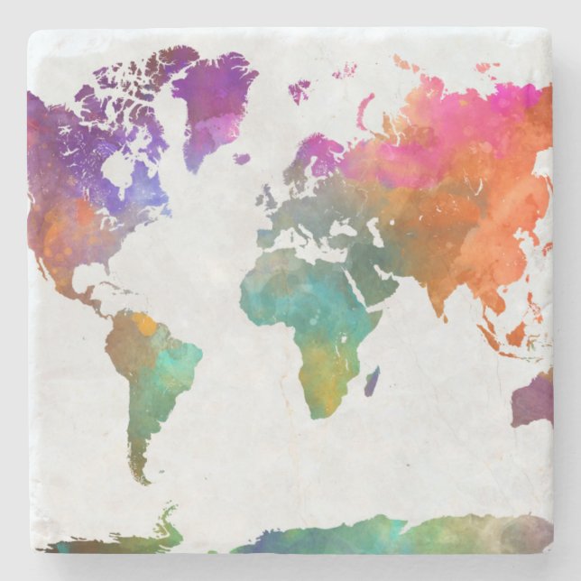 World Map In Watercolor Stone Coaster (Front)