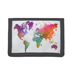 World Map In Watercolor Tri-fold Wallet