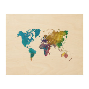 World map in watercolor wood wall art