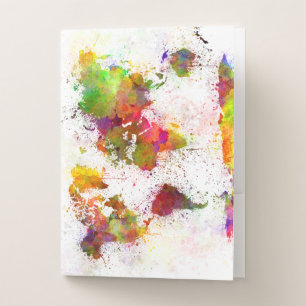 World map in watercolor yellow and green pocket folder