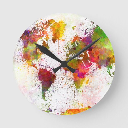 World map in watercolor yellow and green round clock