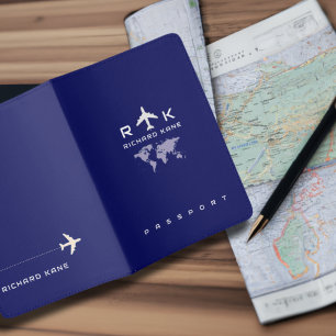 World Map International Avion Travel Dark Blue Passport Holder