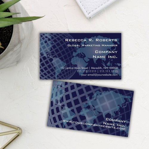 World Map International Telecommunications Blue Business Card Template