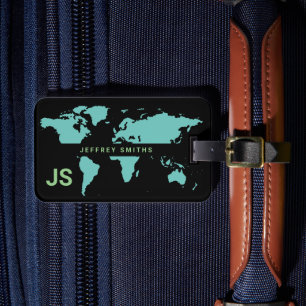 World Map International Travel Black Blue Luggage Tag