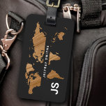 World Map International Travel Identifier Black Luggage Tag<br><div class="desc">An elegant and modern bag-tag identifier...  a nice design to identify your suitcase at the airport...  the map of the world on faux wood background,  personalized with traveler's name</div>