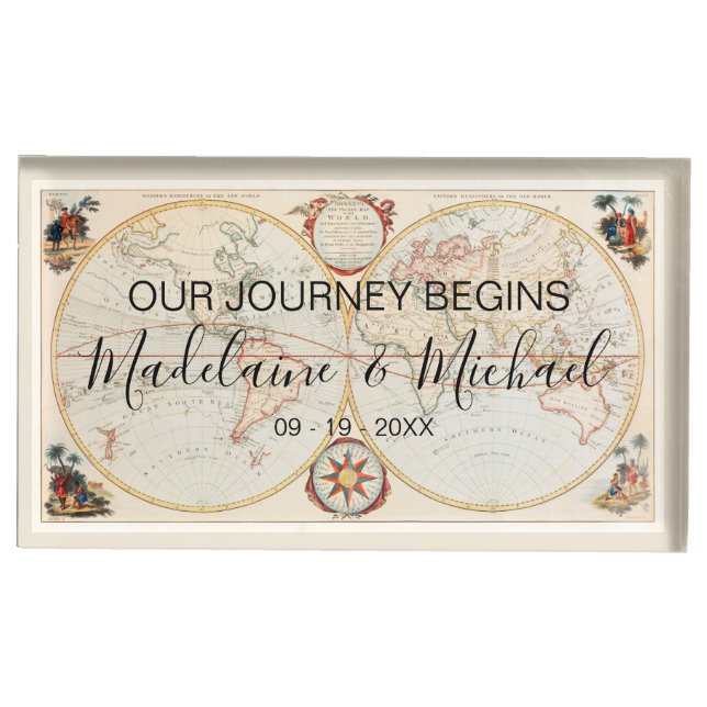 World Map Journey Begins Wedding Place Card Holder (Front)