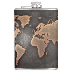 World map leather geographical brown flask