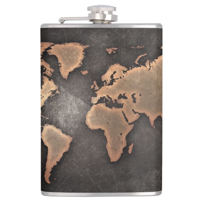 World map leather geographical brown flask (Front)