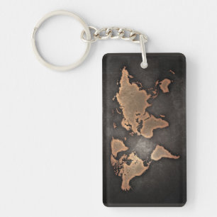 World map leather geographical brown keychain