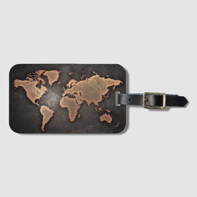 World map leather geographical brown luggage tag (Front Horizontal)