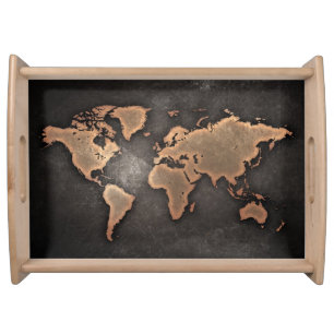 World map leather geographical brown serving tray
