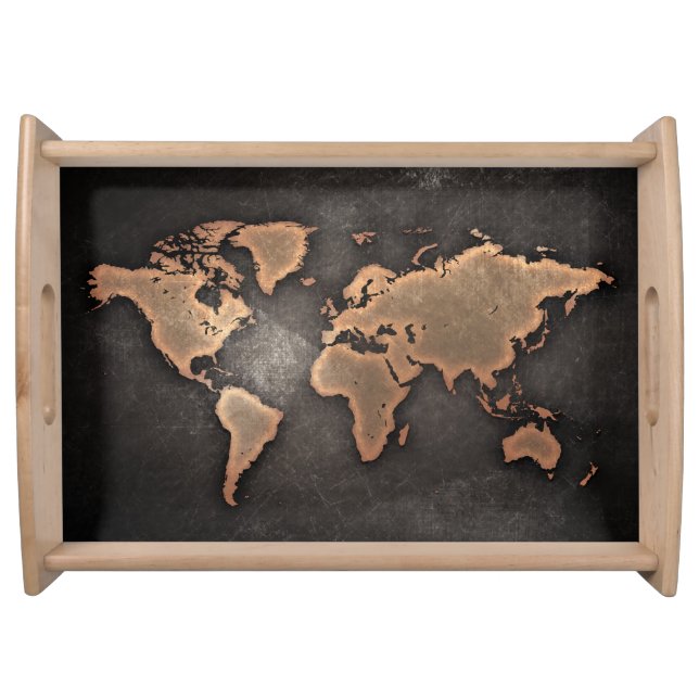 World map leather geographical brown serving tray (Front)