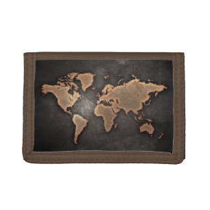 World map leather geographical brown tri-fold wallet