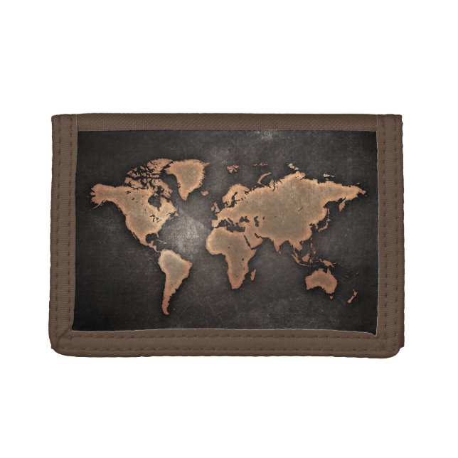 World map leather geographical brown tri-fold wallet (Front)