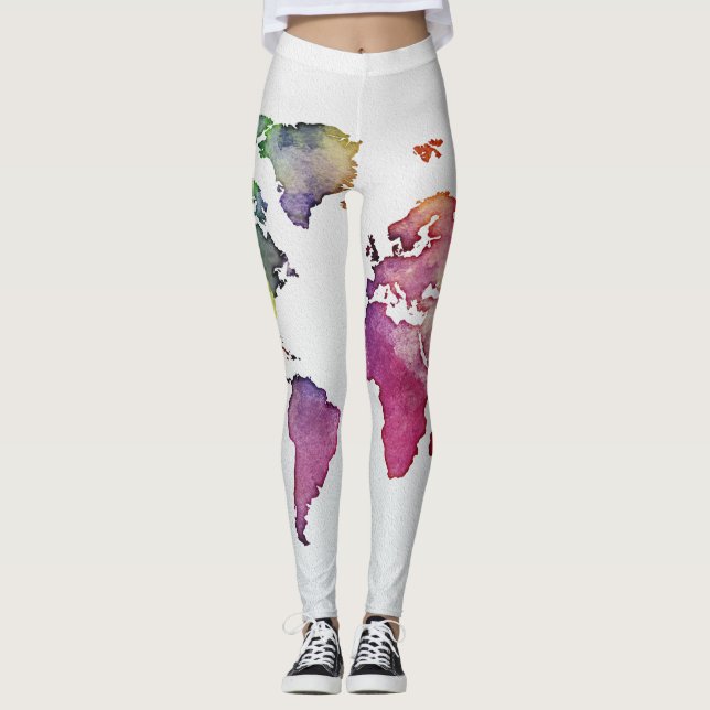 World Map Leggings White Multi-color Watercolor (Front)