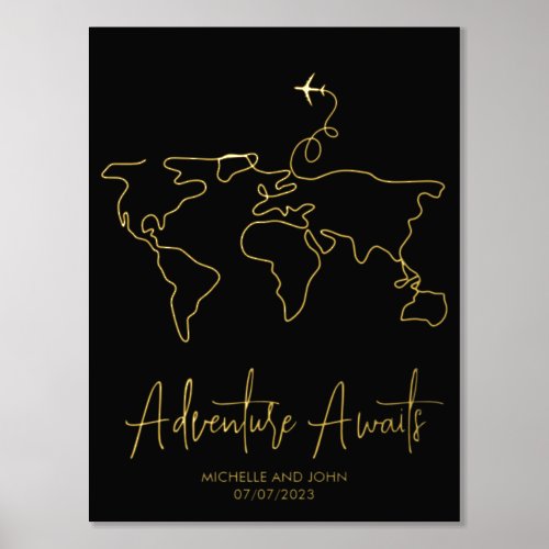 World Map Line Art Travel Adventure Awaits Couple Foil Prints