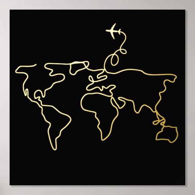 World Map Line Art Wall Travel Adventure Foil Prin Foil Prints (Front)