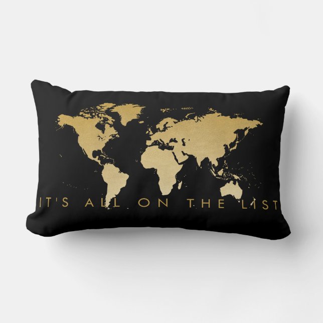 World Map Love To Travel Black and Gold Lumbar Pillow (Front)