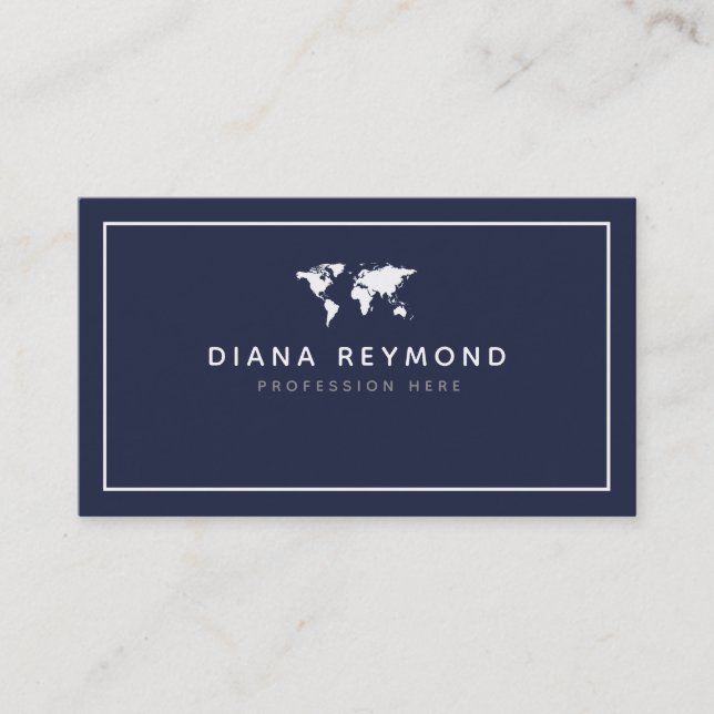 World Map Modern Professional dark-blue Business Card (Front)