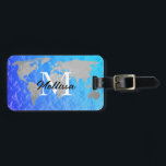 World Map Monogram Grey Blue Foil Glittery Custom Luggage Tag<br><div class="desc">Monogrammed initial and also personal details like name,  address,  phone number and email all of which you can edit in cool world map background. Designed with simple,  elegant and trendy colors!</div>