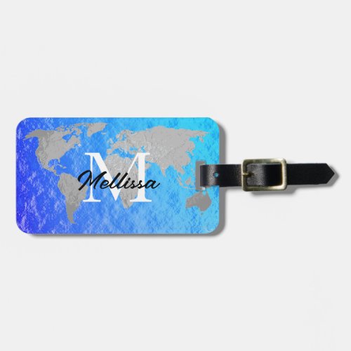 World Map Monogram Grey Blue Foil Glittery Custom Luggage Tag