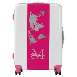 World Map Monogram Name Hot Pink Colorful Traveler Luggage